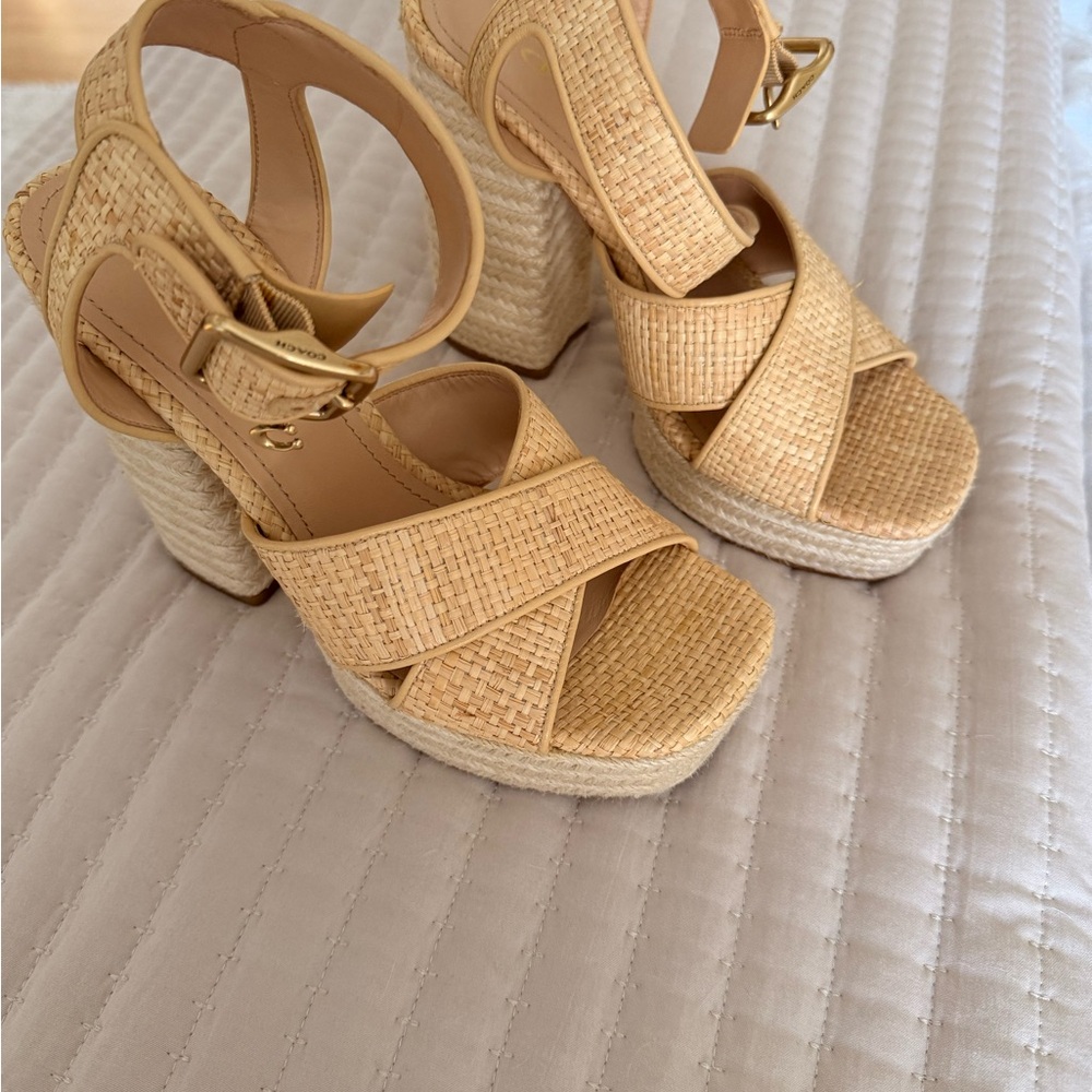 Coach Tan Woven Platform Heels